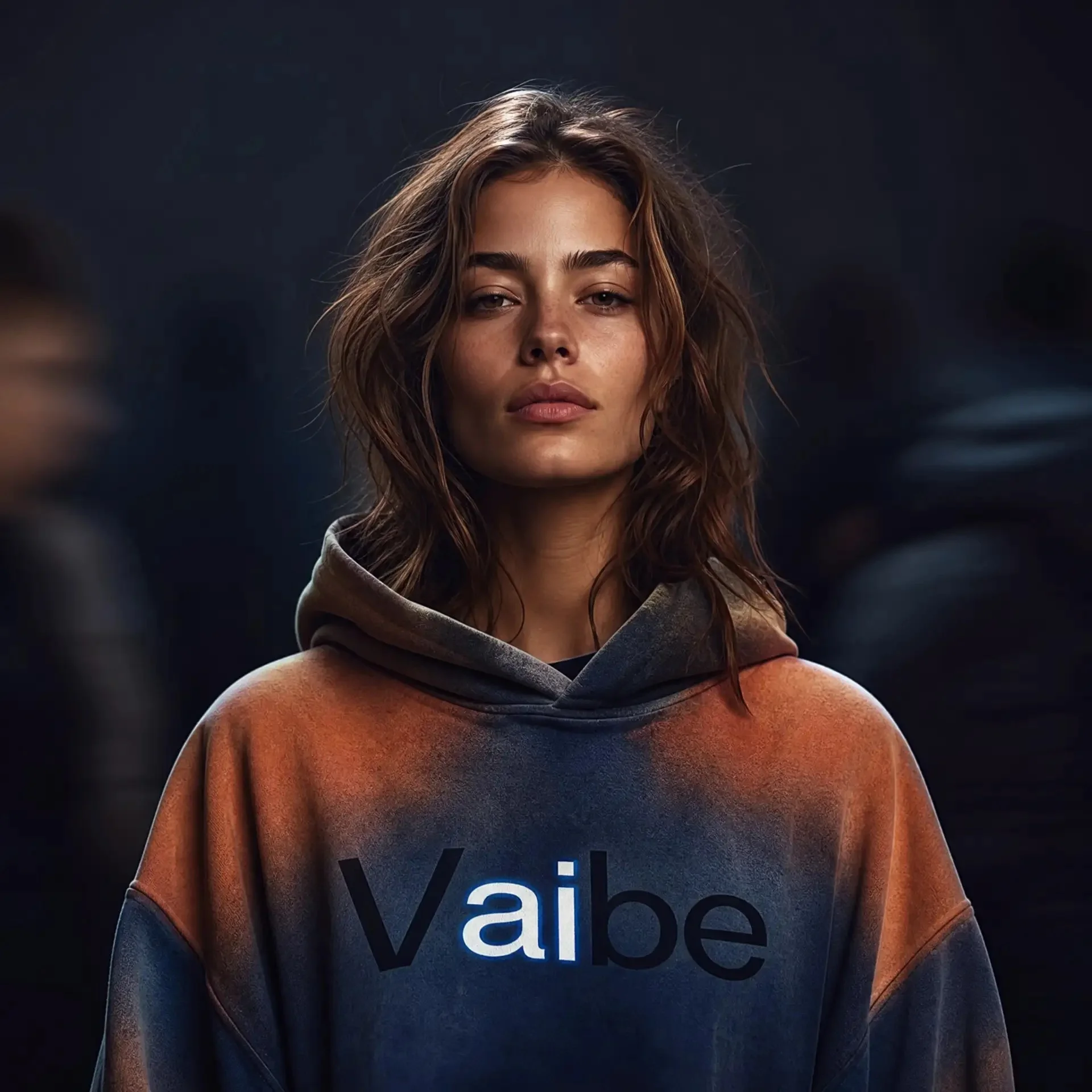 Кинематографический портрет модели в худи Vaibe, сгенерировано в GPT Image 2 — пример нейросети для личного бренда